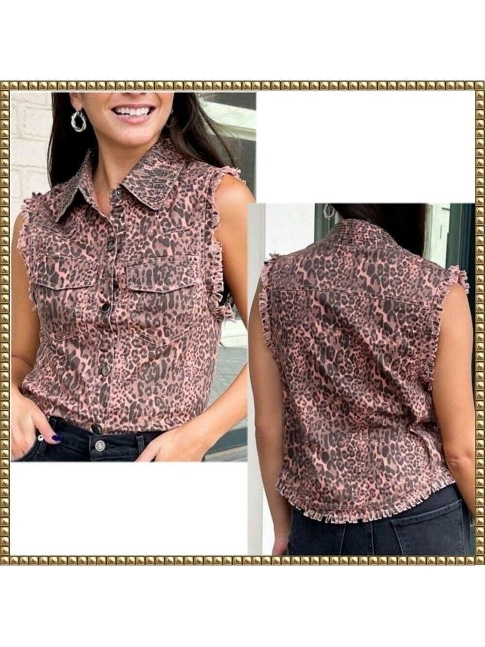 English Rose Animal Print Sleeveless Top Pink Black Cotton Medium Large